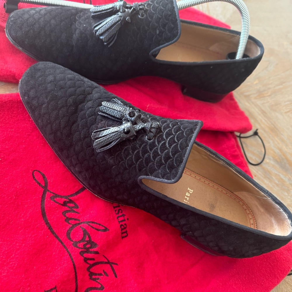 Christian Louboutin Black Embossed Suede Dandelion Smoking Slippers Size 43